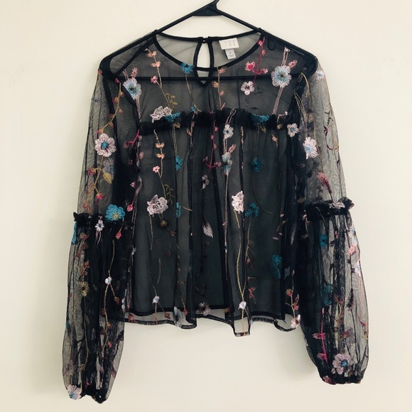 a new day Tops - A New Day Black Floral Tulle Blouse Small